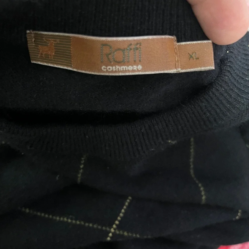 Raffi Cashmere Sweater Mens XL Black Argyle Crewneck 100% Pure Cashmere